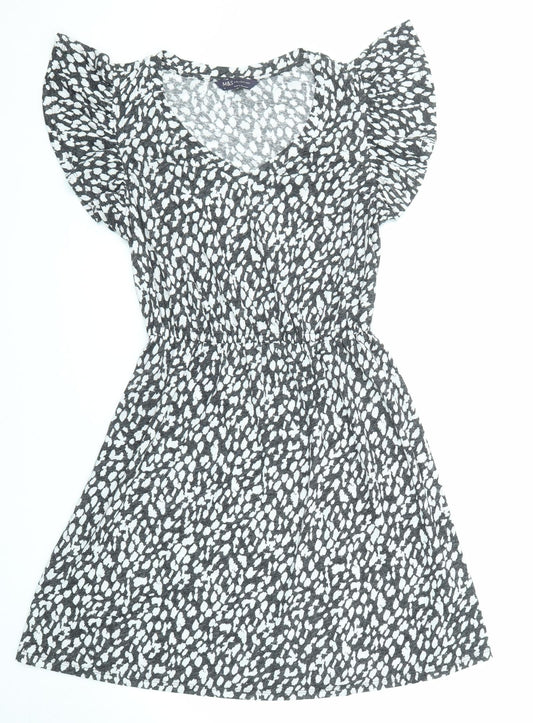 Marks and Spencer Womens Black Animal Print Linen Fit & Flare Size 6 V-Neck Pullover - Ruffle Sleeve