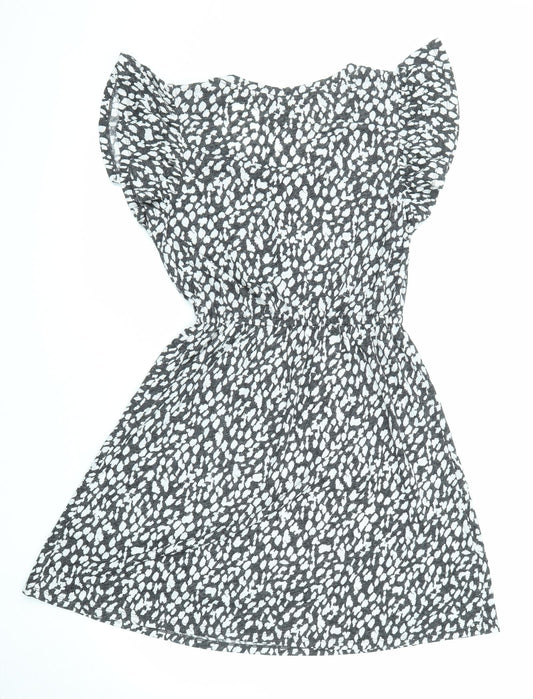 Marks and Spencer Womens Black Animal Print Linen Fit & Flare Size 6 V-Neck Pullover - Ruffle Sleeve