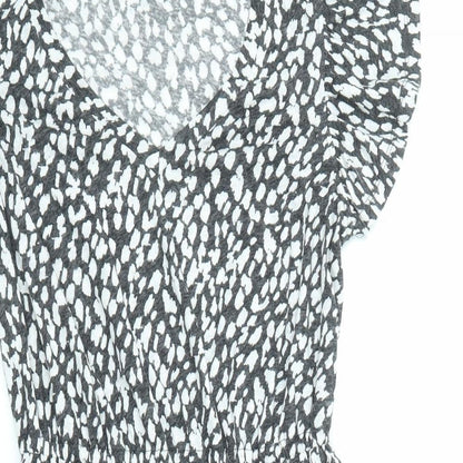 Marks and Spencer Womens Black Animal Print Linen Fit & Flare Size 6 V-Neck Pullover - Ruffle Sleeve