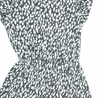Marks and Spencer Womens Black Animal Print Linen Fit & Flare Size 6 V-Neck Pullover - Ruffle Sleeve