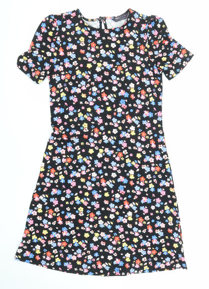Marks and Spencer Womens Black Floral Viscose Shift Size 6 Round Neck Button