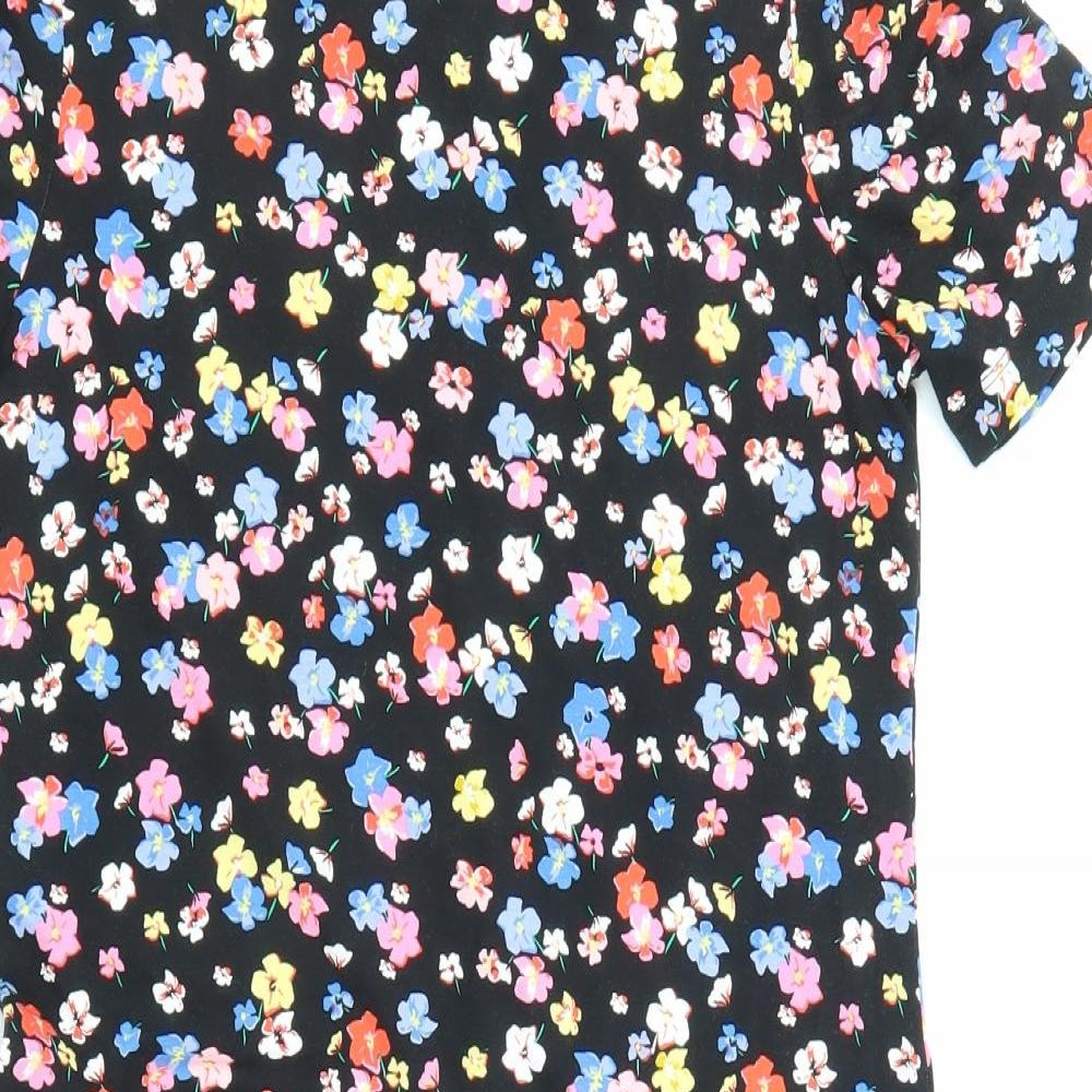 Marks and Spencer Womens Black Floral Viscose Shift Size 6 Round Neck Button