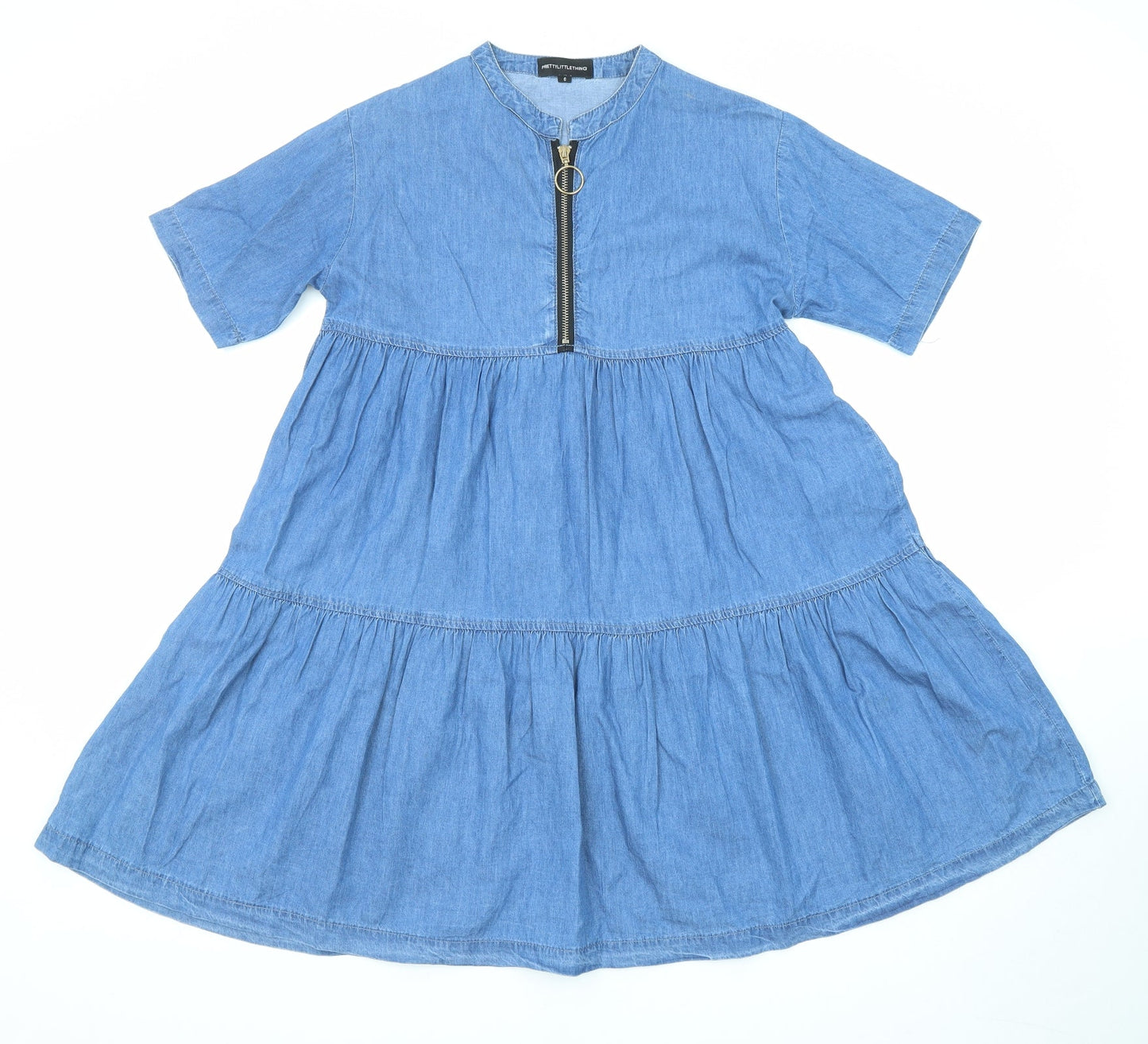 PRETTYLITTLETHING Womens Blue Cotton A-Line Size 6 Round Neck Zip - Tiered