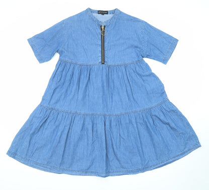 PRETTYLITTLETHING Womens Blue Cotton A-Line Size 6 Round Neck Zip - Tiered