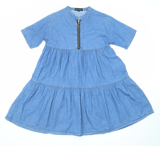 PRETTYLITTLETHING Womens Blue Cotton A-Line Size 6 Round Neck Zip - Tiered