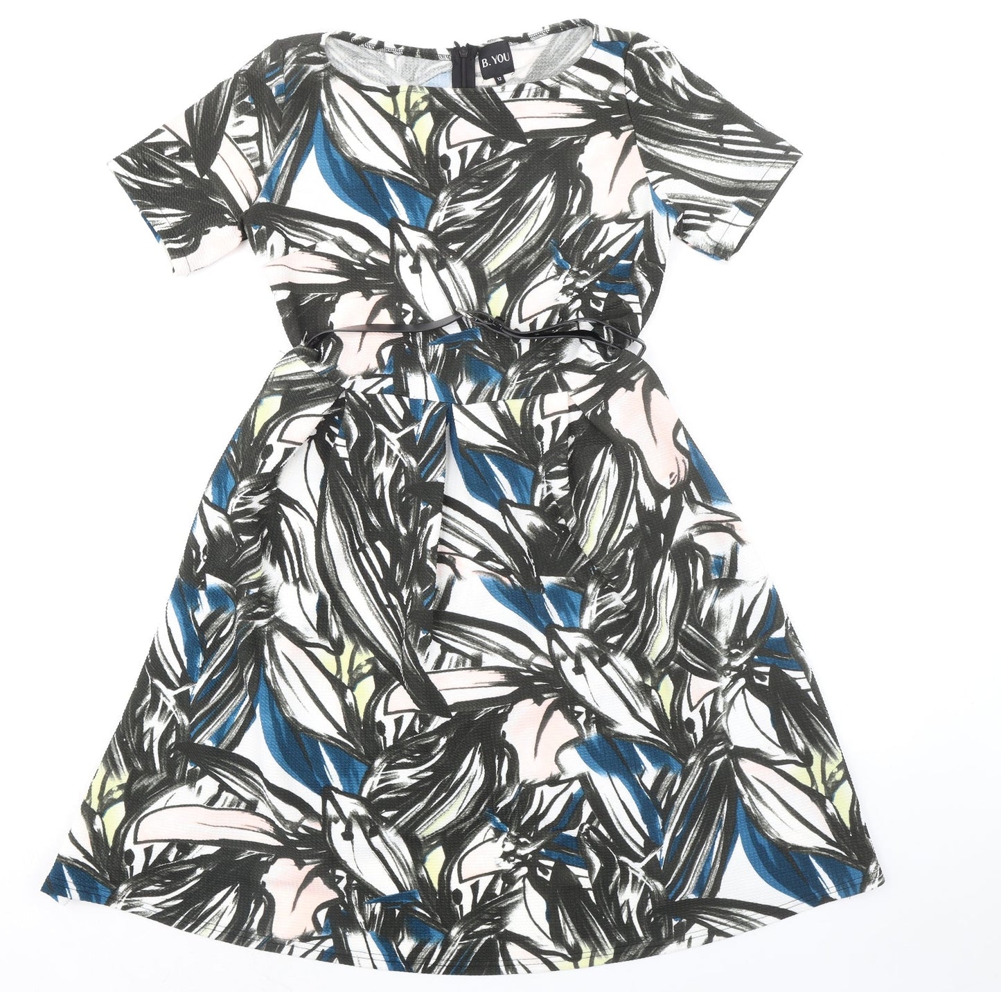 B.YOU Womens Black Geometric Polyester A-Line Size 12 Boat Neck Zip