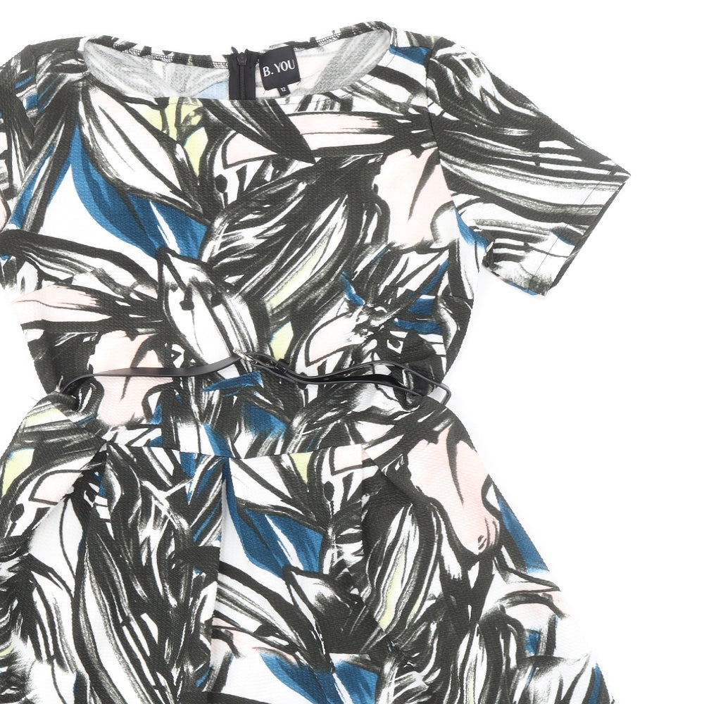 B.YOU Womens Black Geometric Polyester A-Line Size 12 Boat Neck Zip