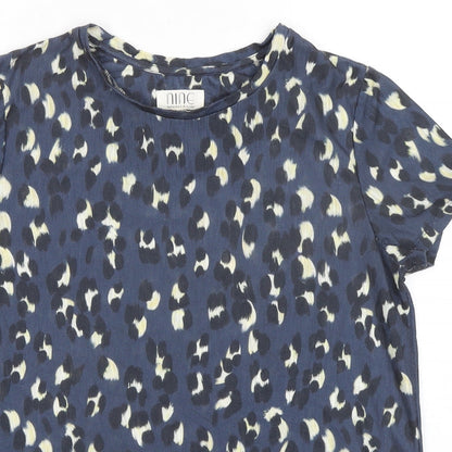 nine Womens Blue Animal Print Polyester Basic T-Shirt Size 12 Crew Neck - Leopard Print