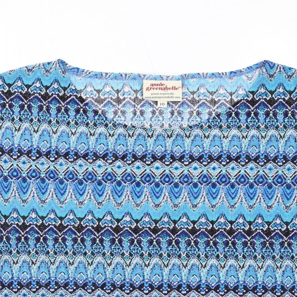 Annie Greenabelle Womens Blue Geometric Polyester Basic Blouse Size 10 Round Neck