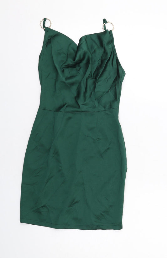 PRETTYLITTLETHING Womens Green Polyester Mini Size 4 Cowl Neck Zip