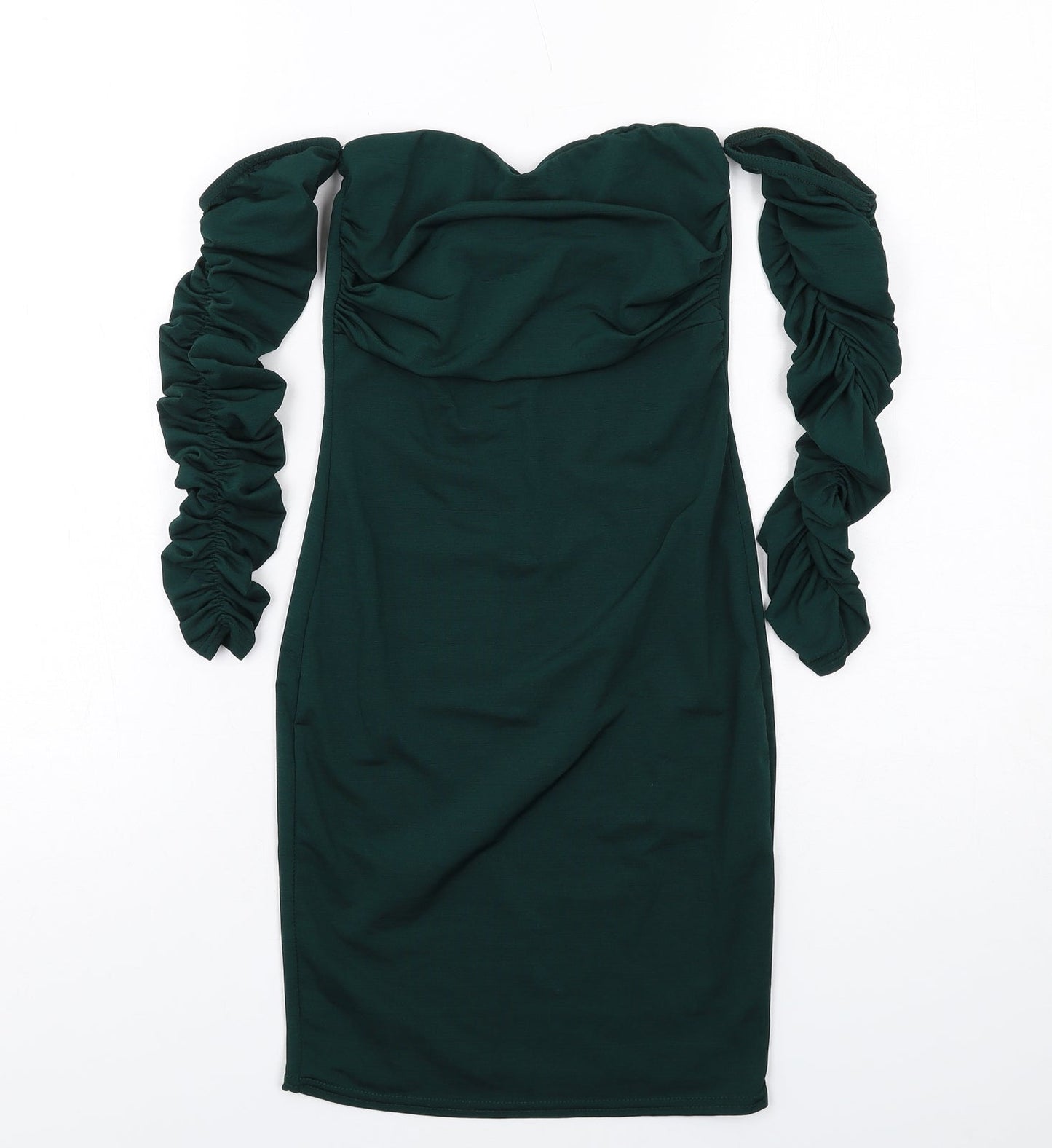 PRETTYLITTLETHING Womens Green Polyester Mini Size 6 Sweetheart Pullover - Ruched Sleeves