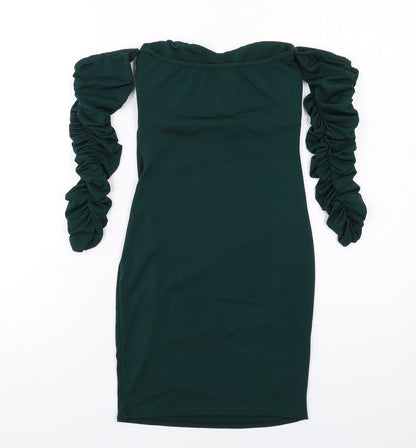 PRETTYLITTLETHING Womens Green Polyester Mini Size 6 Sweetheart Pullover - Ruched Sleeves