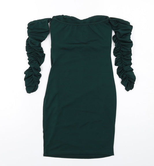 PRETTYLITTLETHING Womens Green Polyester Mini Size 6 Sweetheart Pullover - Ruched Sleeves