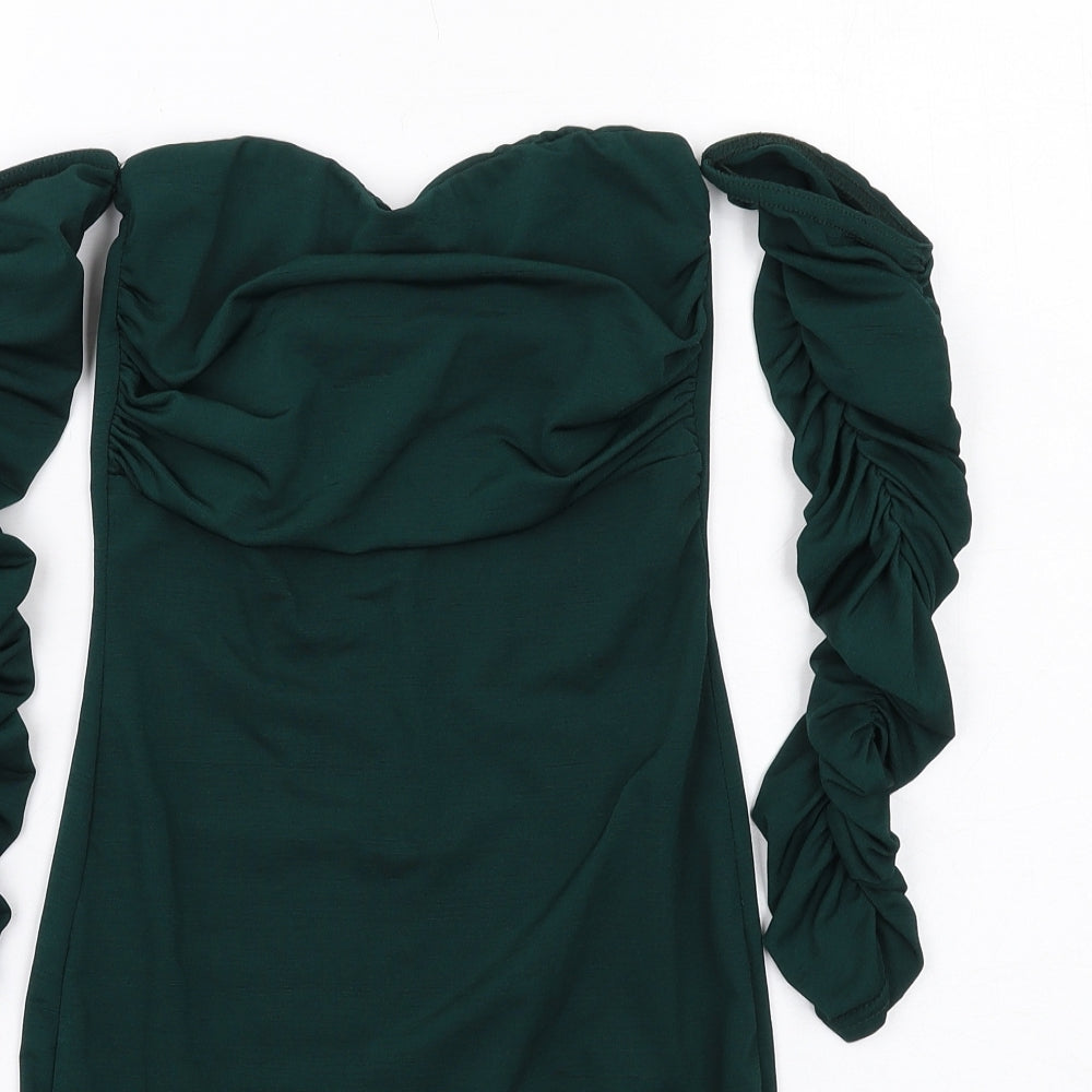 PRETTYLITTLETHING Womens Green Polyester Mini Size 6 Sweetheart Pullover - Ruched Sleeves