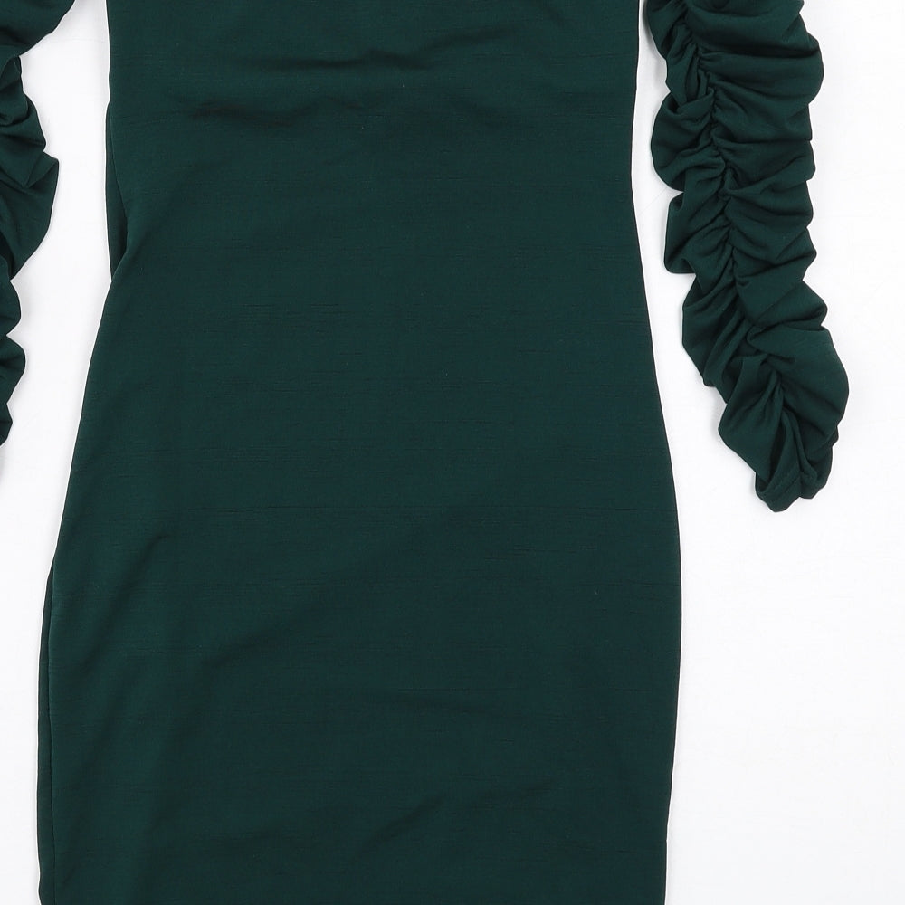 PRETTYLITTLETHING Womens Green Polyester Mini Size 6 Sweetheart Pullover - Ruched Sleeves