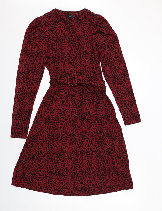 dusk Womens Red Animal Print Viscose A-Line Size 12 Round Neck Pullover - Leopard pattern