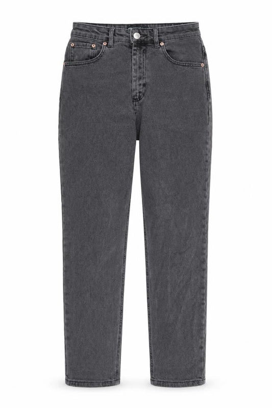 Front view of ASOS women’s grey cotton straight jeans, size UK 26, in, 32-inch leg regular zip