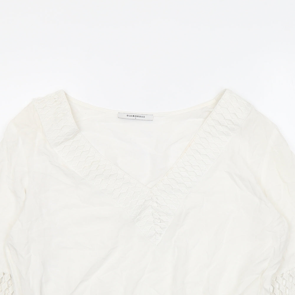 Glamorous Womens Ivory Viscose Basic Blouse Size S V-Neck - Crochet Detail