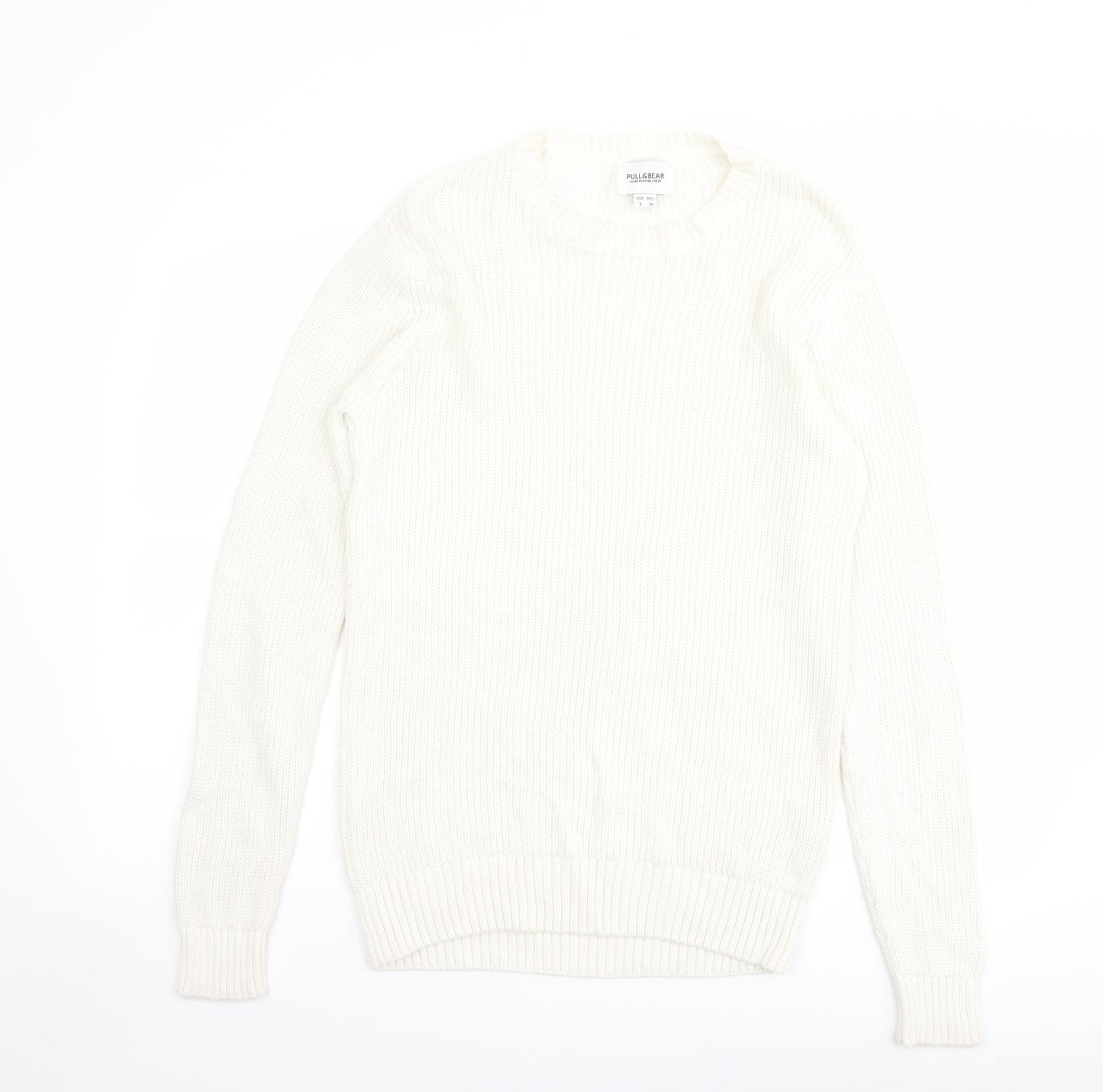 Pull&Bear Mens Ivory Round Neck Cotton Pullover Jumper Size S Long Sleeve