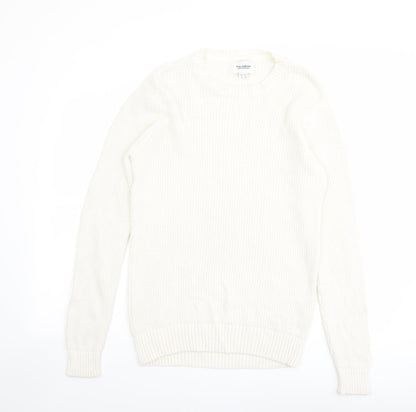Pull&Bear Mens Ivory Round Neck Cotton Pullover Jumper Size S Long Sleeve