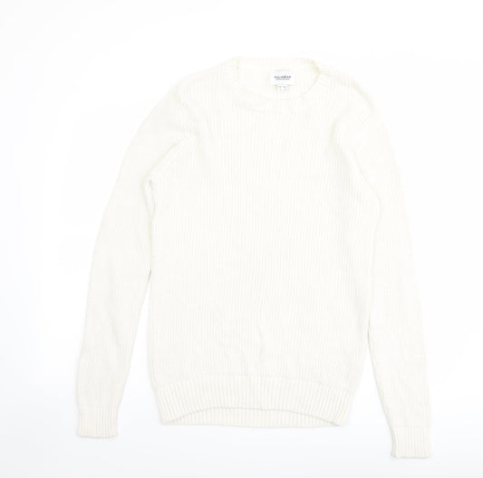 Pull&Bear Mens Ivory Round Neck Cotton Pullover Jumper Size S Long Sleeve