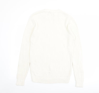 Pull&Bear Mens Ivory Round Neck Cotton Pullover Jumper Size S Long Sleeve