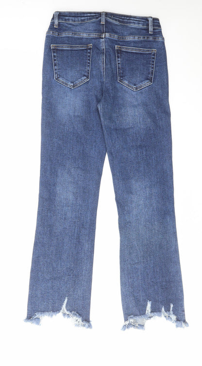 Redial Womens Blue Cotton Straight Jeans Size 10 L27 in Regular Zip - Distressed Hems