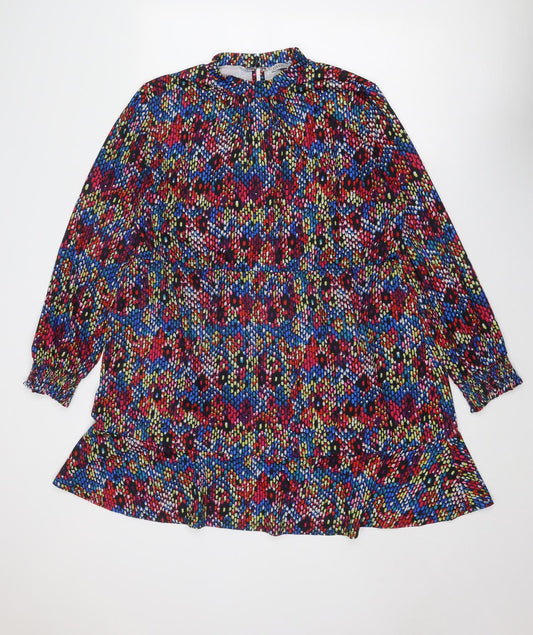 Oasis Womens Multicoloured Geometric Polyester A-Line Size XL Mock Neck Button