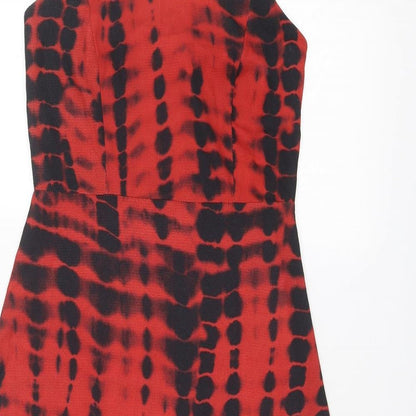 COLLUSION Womens Red Geometric Polyester Slip Dress Size 8 Square Neck Zip