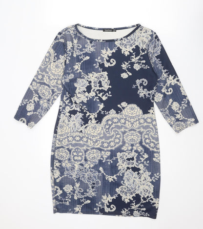 Boohoo Womens Blue Geometric Polyester A-Line Size 12 Boat Neck Pullover