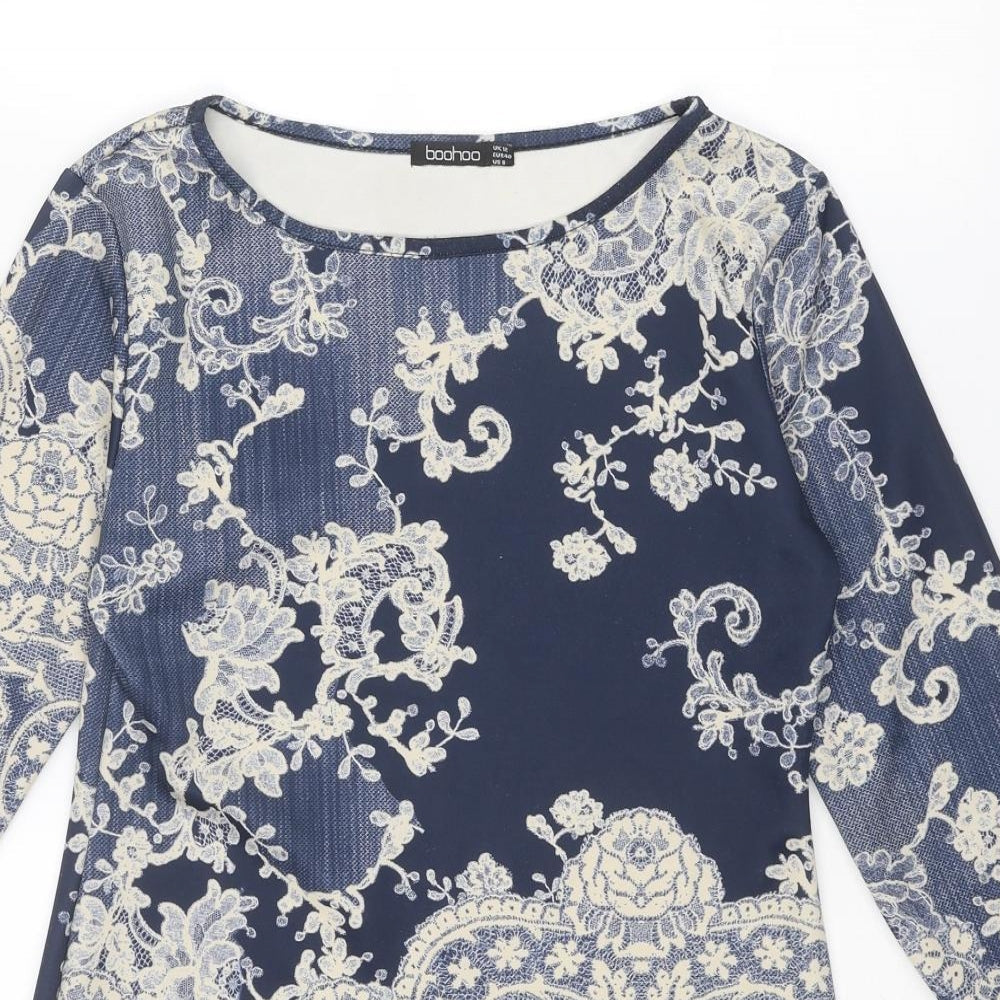 Boohoo Womens Blue Geometric Polyester A-Line Size 12 Boat Neck Pullover