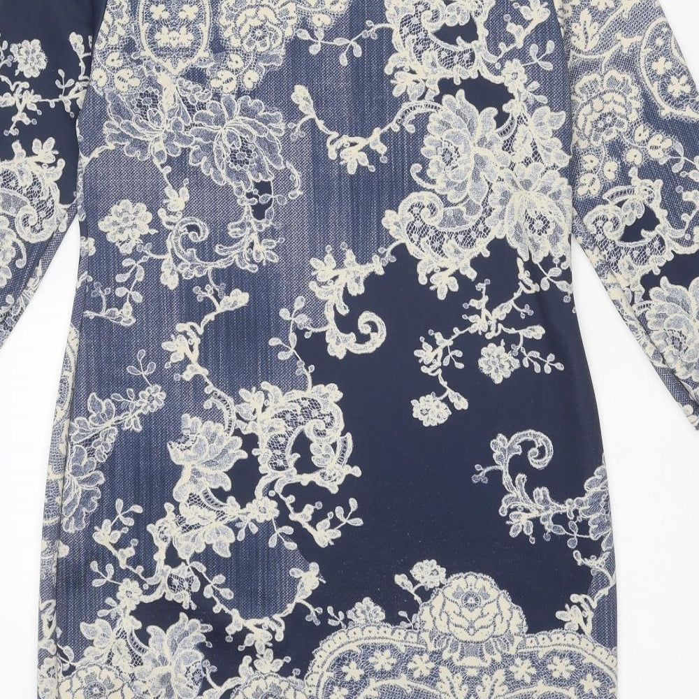 Boohoo Womens Blue Geometric Polyester A-Line Size 12 Boat Neck Pullover