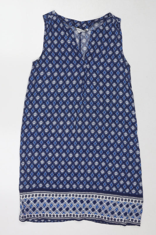 Principles Womens Blue Geometric Viscose A-Line Size 6 V-Neck Button