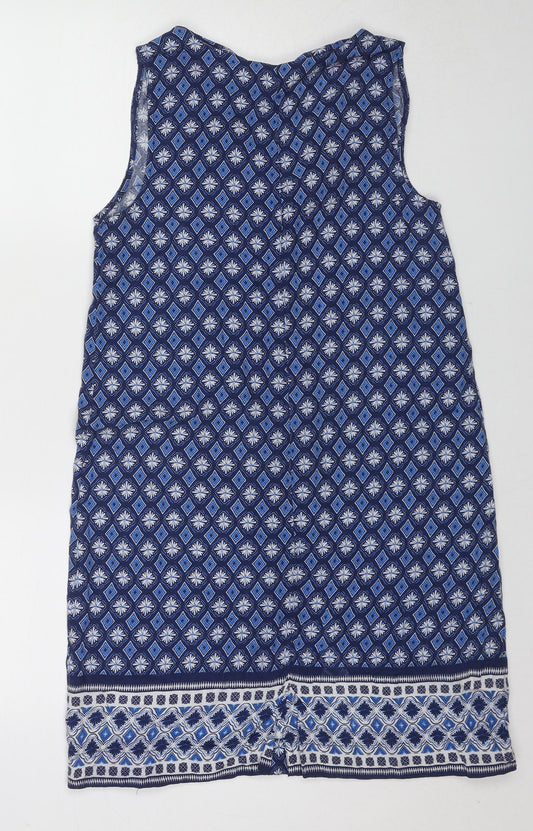 Principles Womens Blue Geometric Viscose A-Line Size 6 V-Neck Button