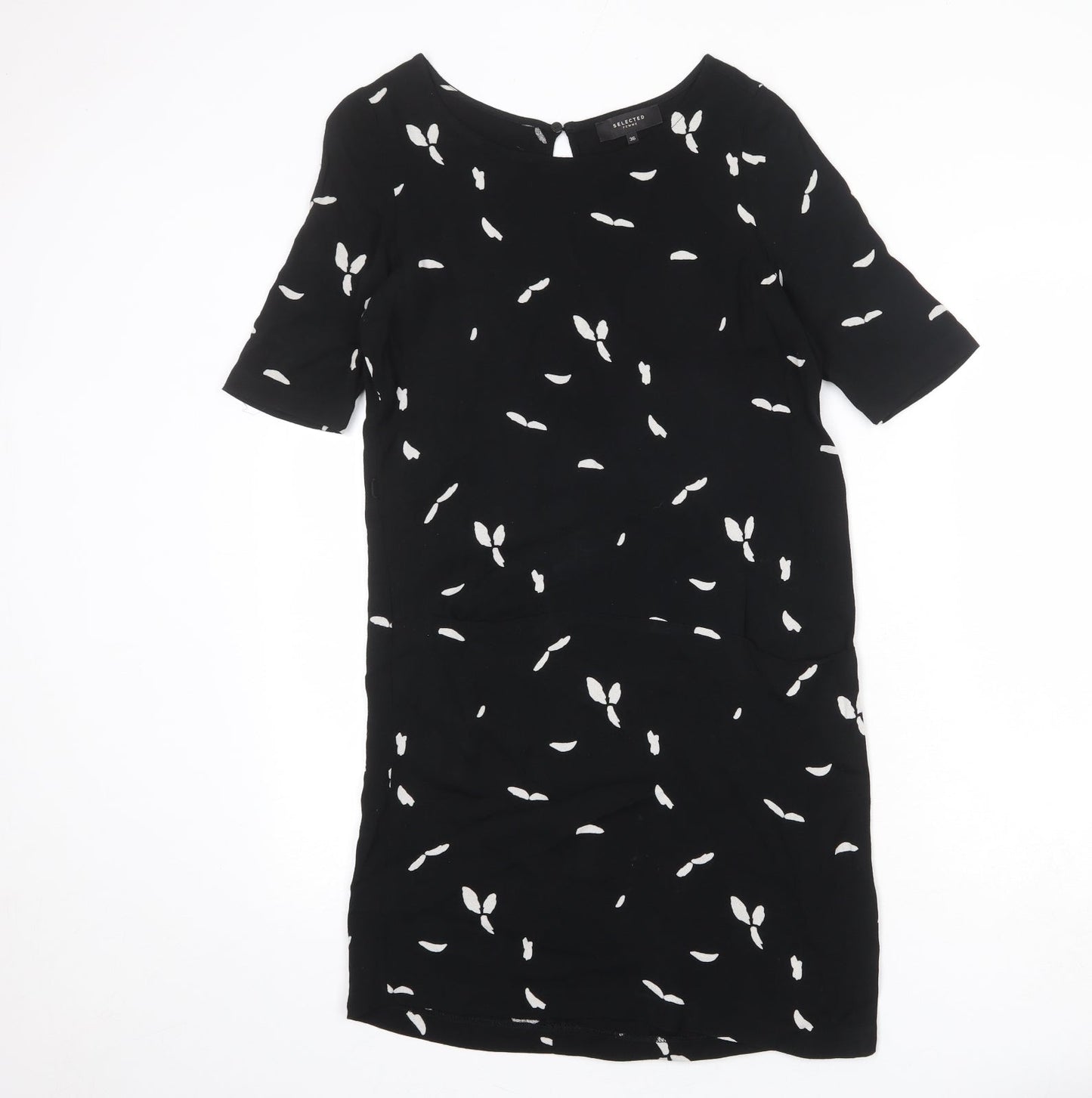 Selected Femme Womens Black Geometric Viscose A-Line Size 10 Round Neck Button