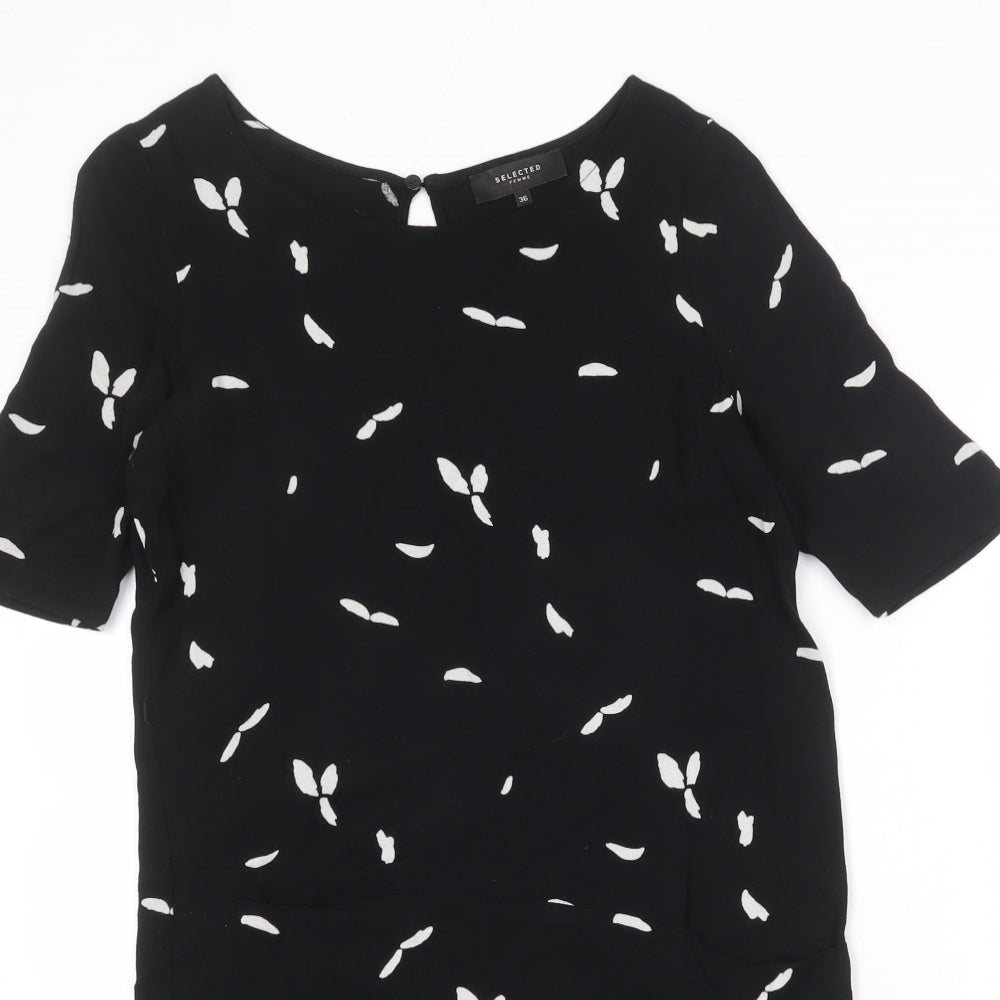 Selected Femme Womens Black Geometric Viscose A-Line Size 10 Round Neck Button