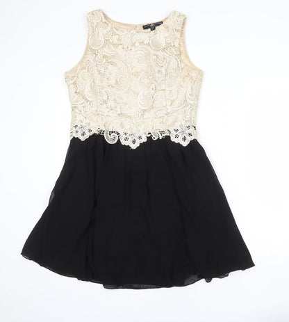 LITTLE MISTRESS Womens Black Colourblock Polyester Fit & Flare Size 10 Boat Neck Zip