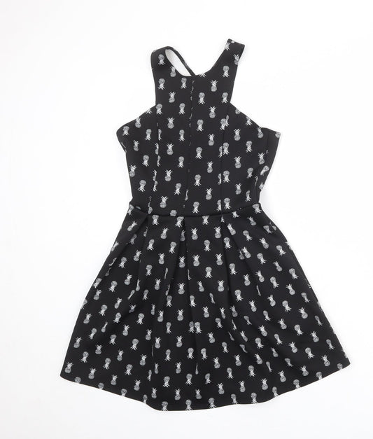 Hollister Womens Black Geometric Polyester A-Line Size S Round Neck Pullover - Pineapple Print, Open Back