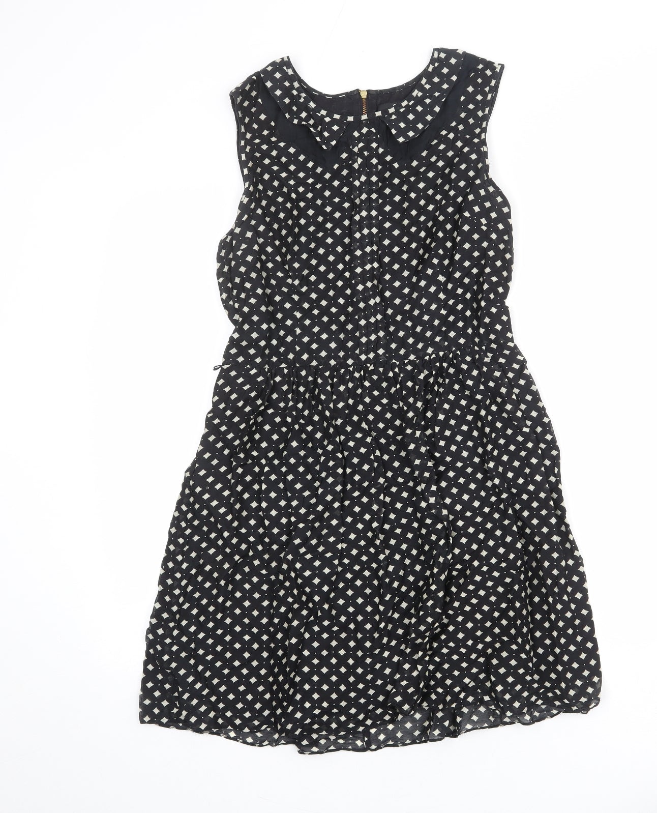 Oasis Womens Black Geometric Modal A-Line Size 10 Collared Zip