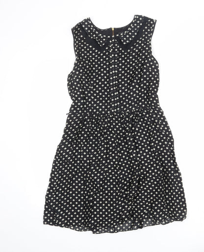 Oasis Womens Black Geometric Modal A-Line Size 10 Collared Zip