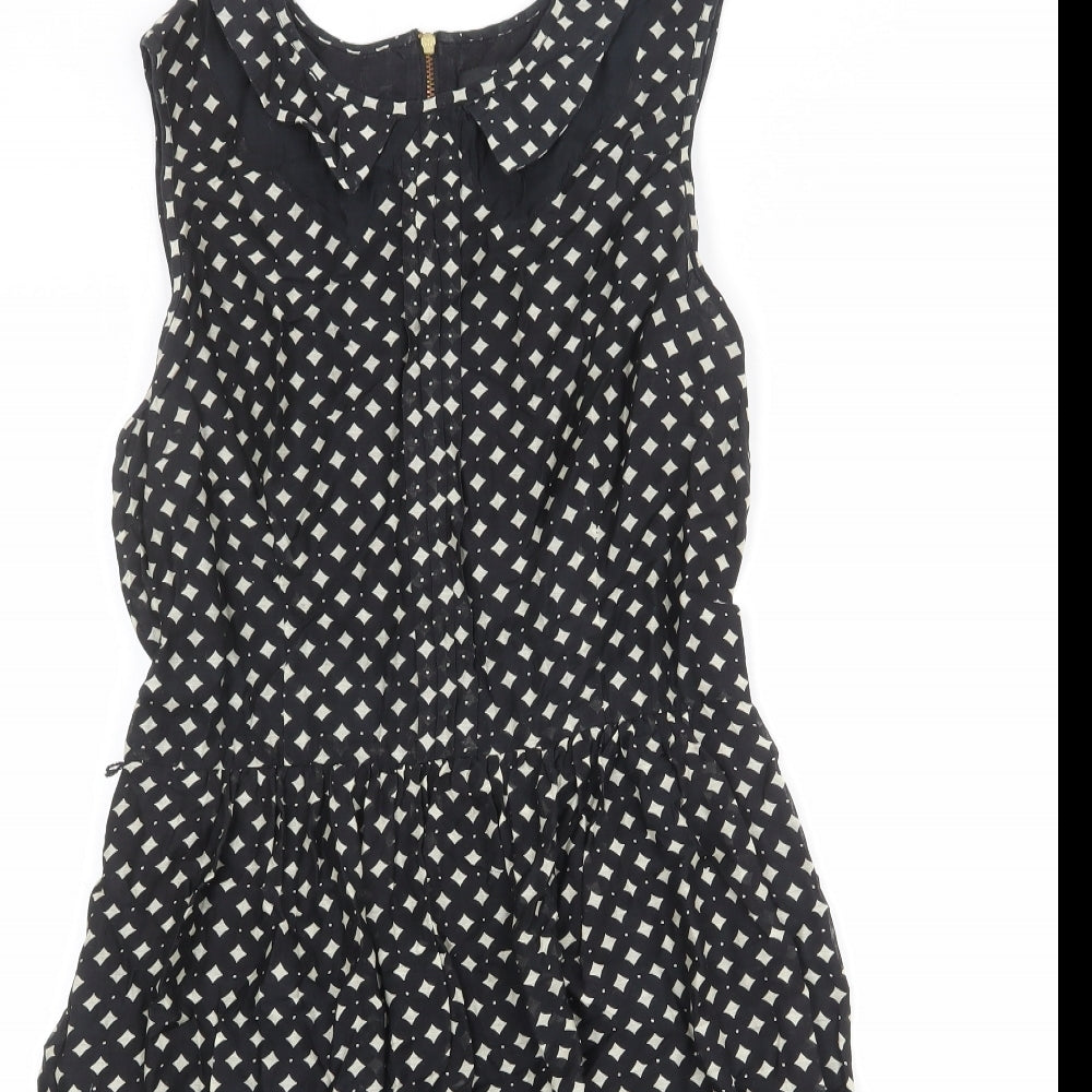 Oasis Womens Black Geometric Modal A-Line Size 10 Collared Zip