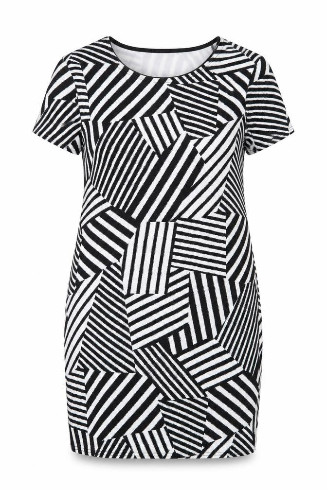 Select Womens Black Geometric Polyester Shift Size 14 Round Neck Pullover