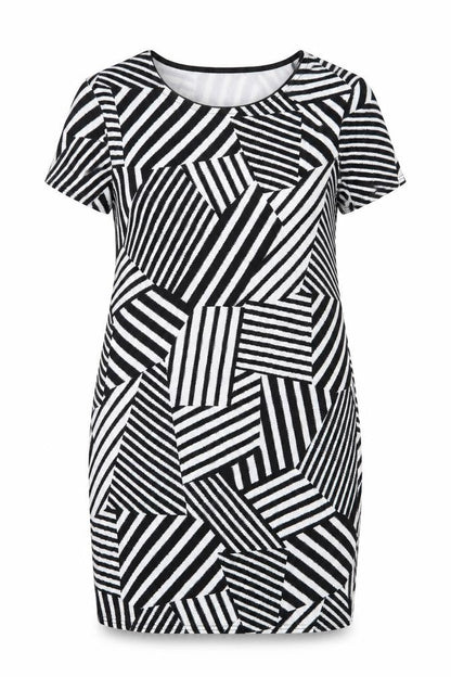 Select Womens Black Geometric Polyester Shift Size 14 Round Neck Pullover