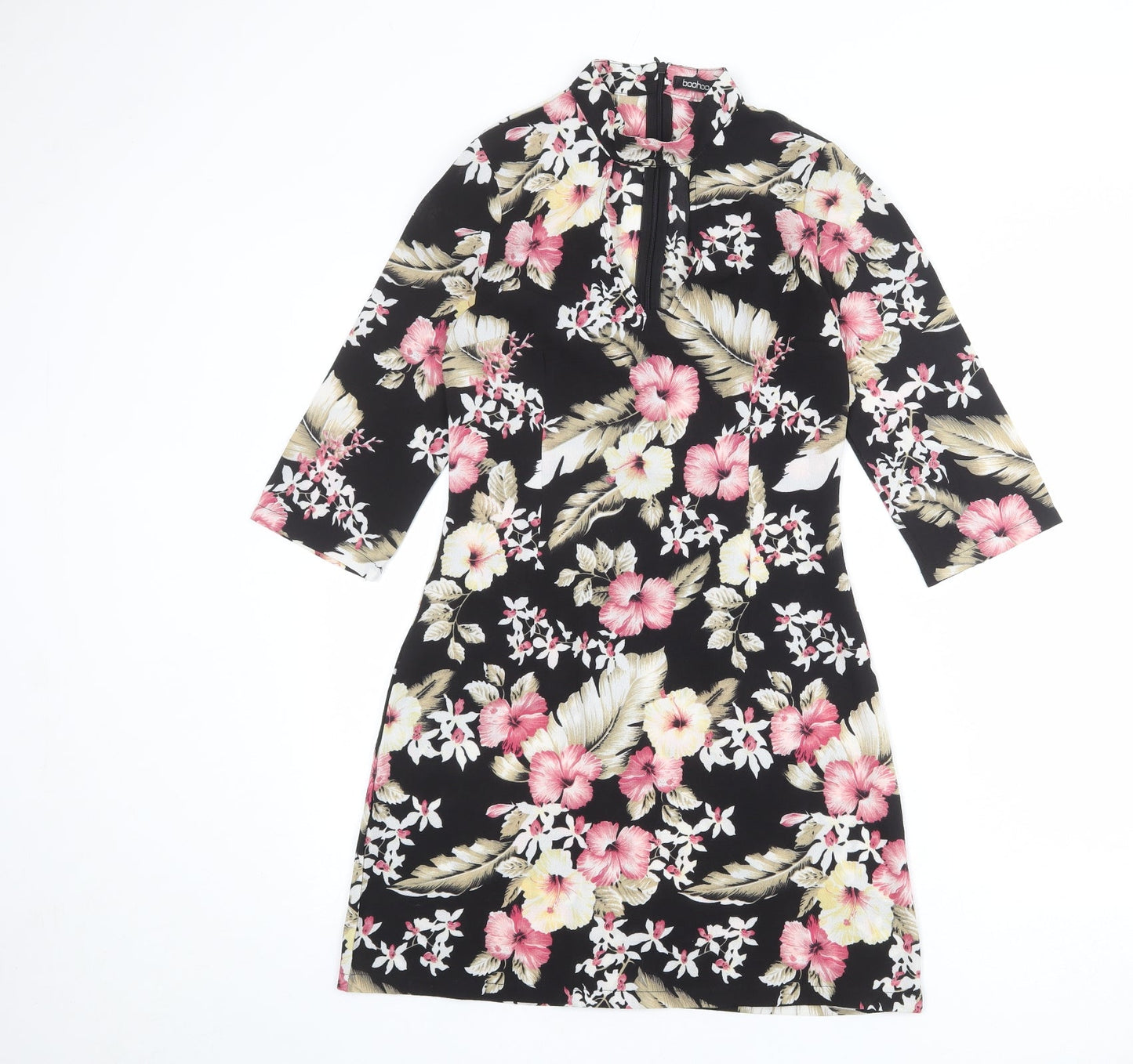 Boohoo Womens Black Floral Polyester Shift Size 6 Halter Zip
