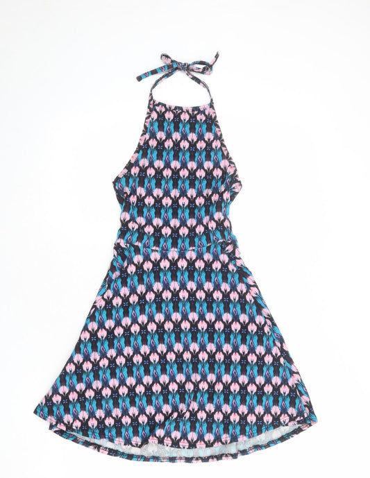 Divided by H&M Womens Multicoloured Geometric Cotton Skater Dress Size XS Halter Tie