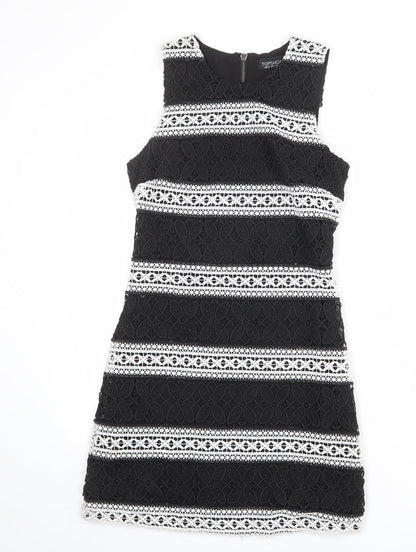 Topshop Womens Black Polyester Shift Size 8 Round Neck Zip - Crocheted Lace Overlay