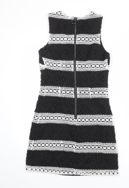Topshop Womens Black Polyester Shift Size 8 Round Neck Zip - Crocheted Lace Overlay