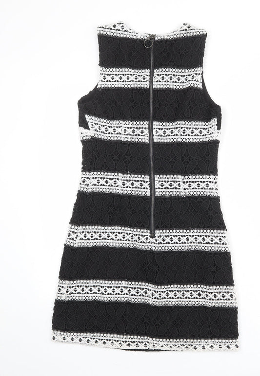Topshop Womens Black Polyester Shift Size 8 Round Neck Zip - Crocheted Lace Overlay