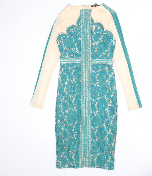 Missguided Womens Blue Polyester Bodycon Size 10 Boat Neck Zip - Lace Overlay