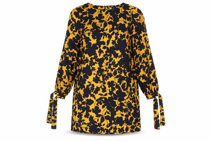 H&M Womens Orange Floral Polyester Shift Size 8 Round Neck Button - Tie Sleeve Detail